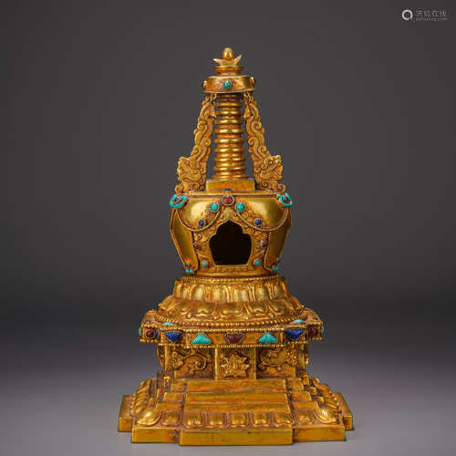 Gilt copper stupa inlaid with precious stones銅鎏金嵌寶石舍利...