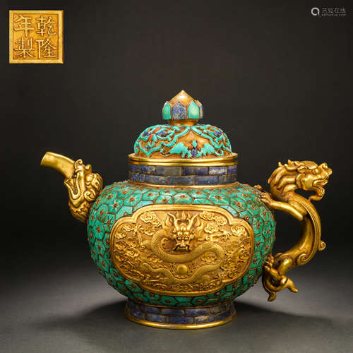 Gilt Bronze Ewer with Inlaid Turquoise and Dragon Pattern銅鎏...