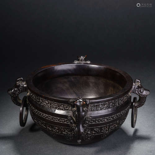 Red Sandalwood Auspicious Animal Pattern Bowl Furnace紫檀瑞獸...