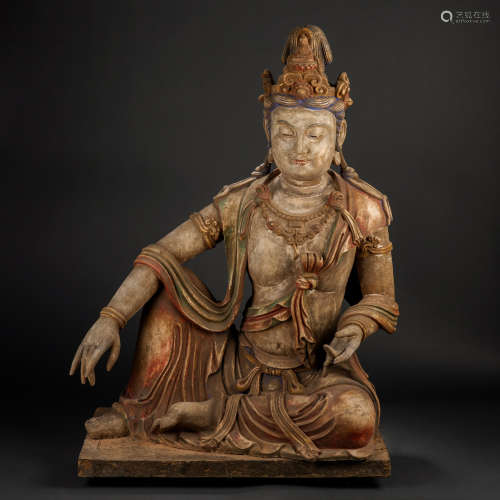 Clay Sculpture Painted Bodhisattva Seated Wooden Base泥塑彩繪...