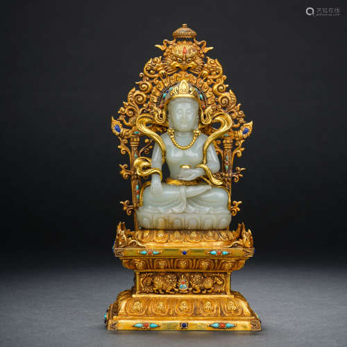 Gilt Inlaid Hetian Jade Avalokitesvara Seated Statue鎏金嵌和...