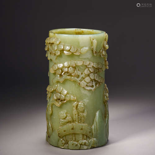 Hetian jade landscape figure pen holder和田玉山水人物筆筒