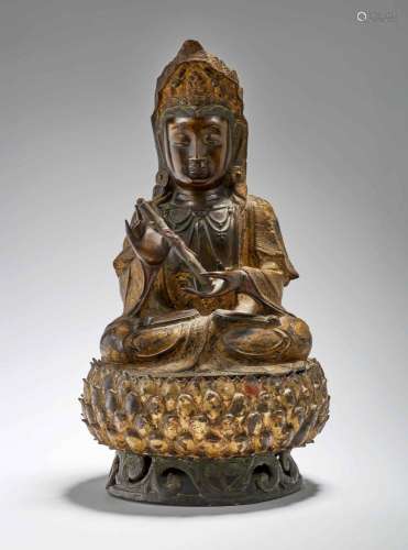 STATUETTE DE BODHISATTVA GUANYIN EN BRONZE PARTIELLEMENT DOR...