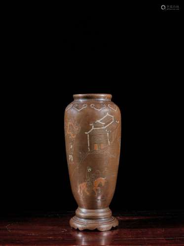 VIETNAM - Vers 1900    Vase tubulaire en bronze incrusté de ...