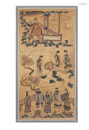 CHINE - XIXe siècle    Panneau rectangulaire en soie brodé d...