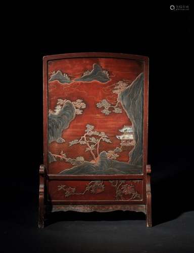 CHINE - XIXe siècle    Grand écran en laque brun et polychro...