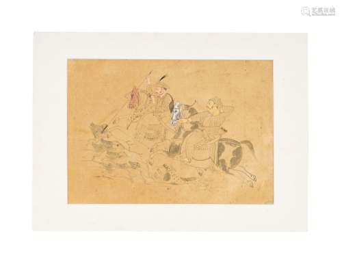A SEMI COLOURED SKETCH OF TWO PRINCES ON A WILD BOAR HUNT, S...