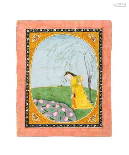 A LADY IN A MOONLIGHT WATCHING A LOTUS POND WITH SCENES OF N...