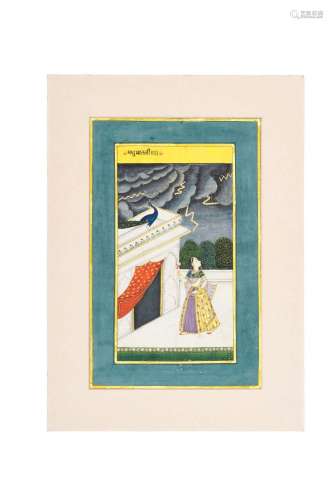 AN INDIAN MINIATURE DEPICTING A NIGHT SCENE, A LADY TAKING S...