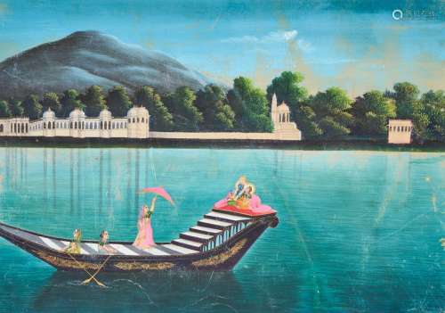 AN INDIAN MINIATURE OF A KING & LOVER ON A BOAT WITH ATT...