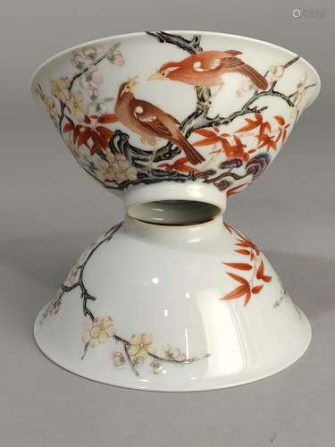 Qing Dynasty Pink Flower and Bird Bowl