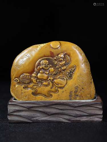 旧藏珍品原石纯手工雕刻寿山石印章笑口常开弥勒佛