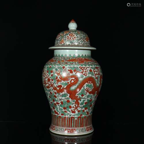 旧藏清代老瓷器红绿彩龙凤纹将军罐