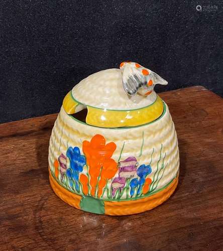 A Clarice Cliff Bizarre Blue Crocus pattern ribbed honey pot...