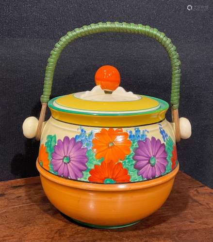 A Clarice Cliff Bizarre Gayday pattern biscuit barrel and co...