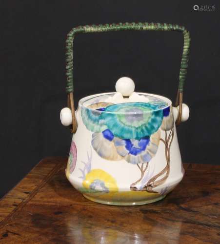 A Clarice Cliff Bizarre Biscaria pattern biscuit barrel and ...