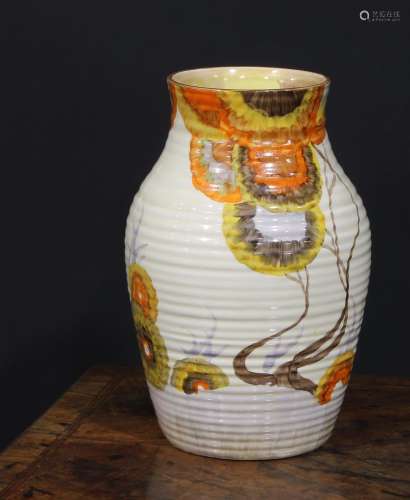 A Clarice Cliff Bizarre Rodanthe pattern lotus vase, of ribb...