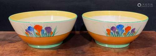 A pair of Clarice Cliff Crocus pattern bowls, hand painted i...