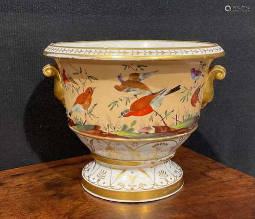 A 19th century English porcelain cachepot, painted with bird...