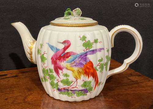 A Chelsea fluted barrel shaped tea pot and cover, painted, p...