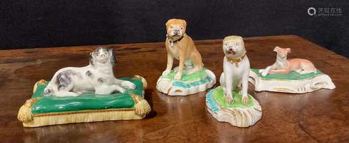 A Derby porcelain model, of a pug, with studded collar, sitt...