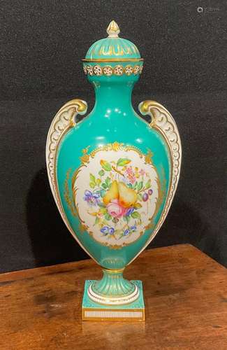 A mid 19th century Coalport pedestal vase and cover, painted...