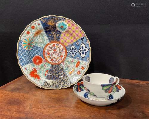 A Worcester Old Japan Fan pattern teacup and saucer, painted...