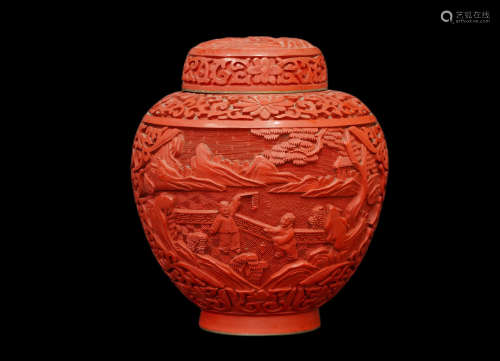 1966-1976 铜胎剔红人物茶罐