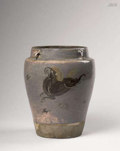 VASE EN GRÈS ÉMAILLÉ GRIS ET BRUN, Chine, dynastie Ming, XVI...