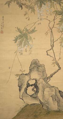 PEINTURE À L\'ENCRE ET COULEUR SUR SOIE, Chine, datée 1877  ...