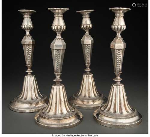 A Set of Four Hanau Silver Candlesticks Marks: (pseudo-Frenc...