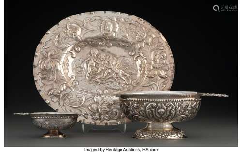 A Group of Three German Repoussé Silver Table Articles Marks...