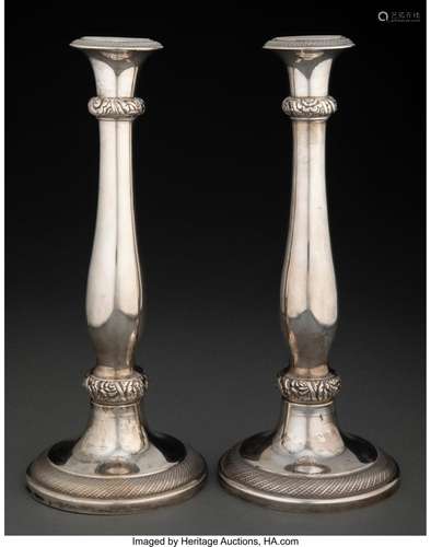 A Pair of Continental Silver Candlesticks, 1838 Marks: (ciph...