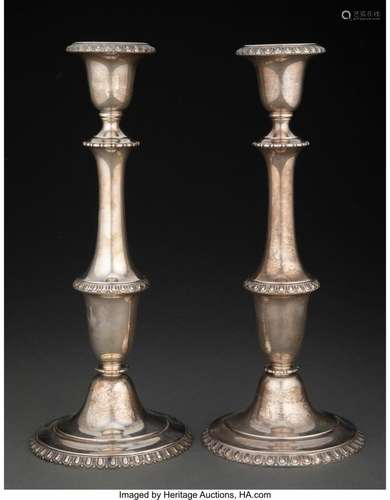 A Pair of American Weighted Silver Candlesticks Marks: L, ST...