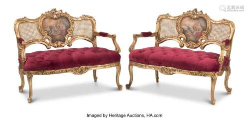 A Pair of Louis XV-Style Gilt and Painted Carved Wood Settee...
