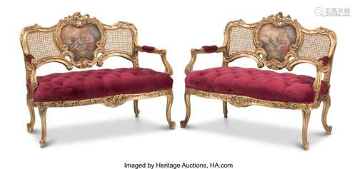 A Pair of Louis XV-Style Gilt and Painted Carved Wood Settee...