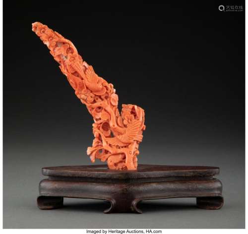 A Chinese Carved Coral Figure on Wooden Stand 7-1/8 x 7 x 3-...
