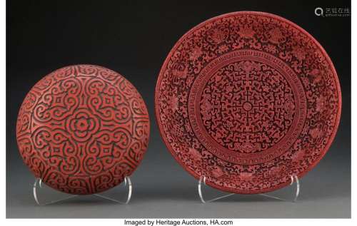 A Chinese Carved Lacquer Dish and a Chinese Carved Resin Cov...