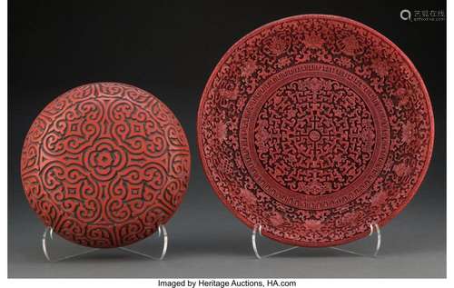 A Chinese Carved Lacquer Dish and a Chinese Carved Resin Cov...