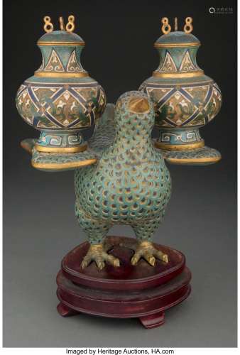 A Chinese Cloisonné Bird Carrying Two Covered Vases 11 x 9-3...