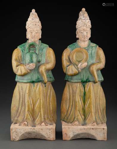 A Pair of Large Chinese Polychrome Ceramic Attendants, Ming ...