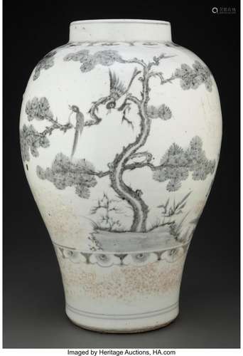 A Large Korean Porcelain Jar with Cranes 18-5/8 x 11-1/2 x 1...