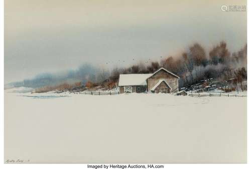 M. Lewis (American, 20th Century) Snowy Barn, 1973 Watercolo...