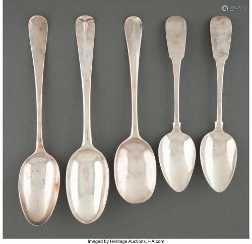 Five English and Irish Silver Spoons, 18th and early 19th ce...