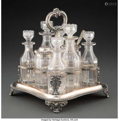 An English Silver-Plated and Cut Glass Cruet Stand Marks: (l...