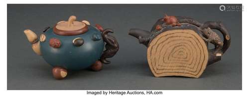 Two Chinese Yixing Teapots Marks: artist\'s mark (each) 3-1/...