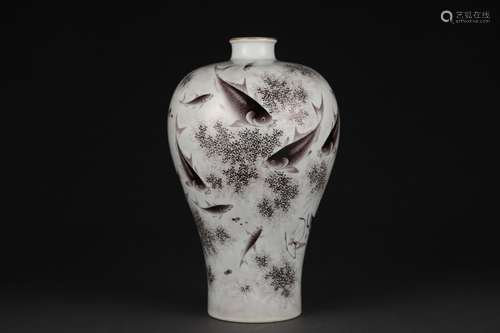 Ink color plum vase with fish pattern