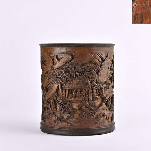 Bamboo carved landscape character story brush pot