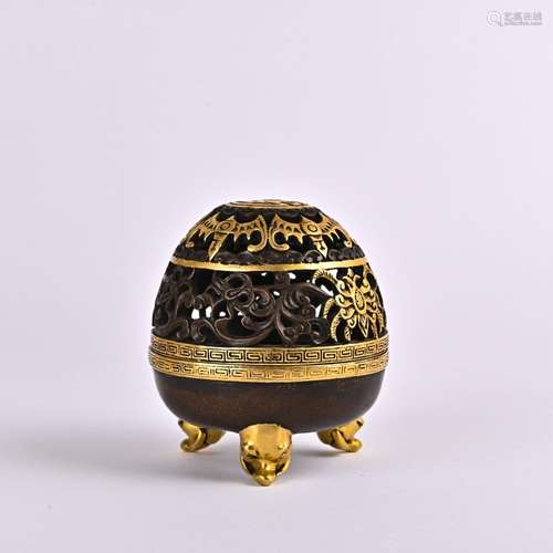 Gold plated five blessing longevity pattern incense burner