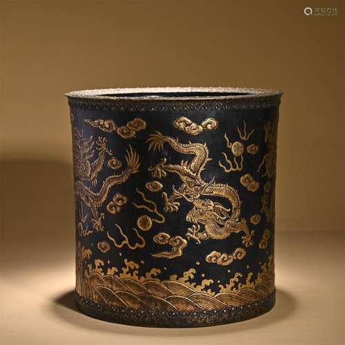 Red sandalwood brush pot with golden dragon pattern